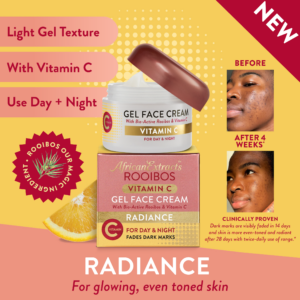 African Extracts Rooibos Vitamin C Gel Face Cream for day and night in a white jar with a rose-gold lid, shown next to its pink and gold product box.